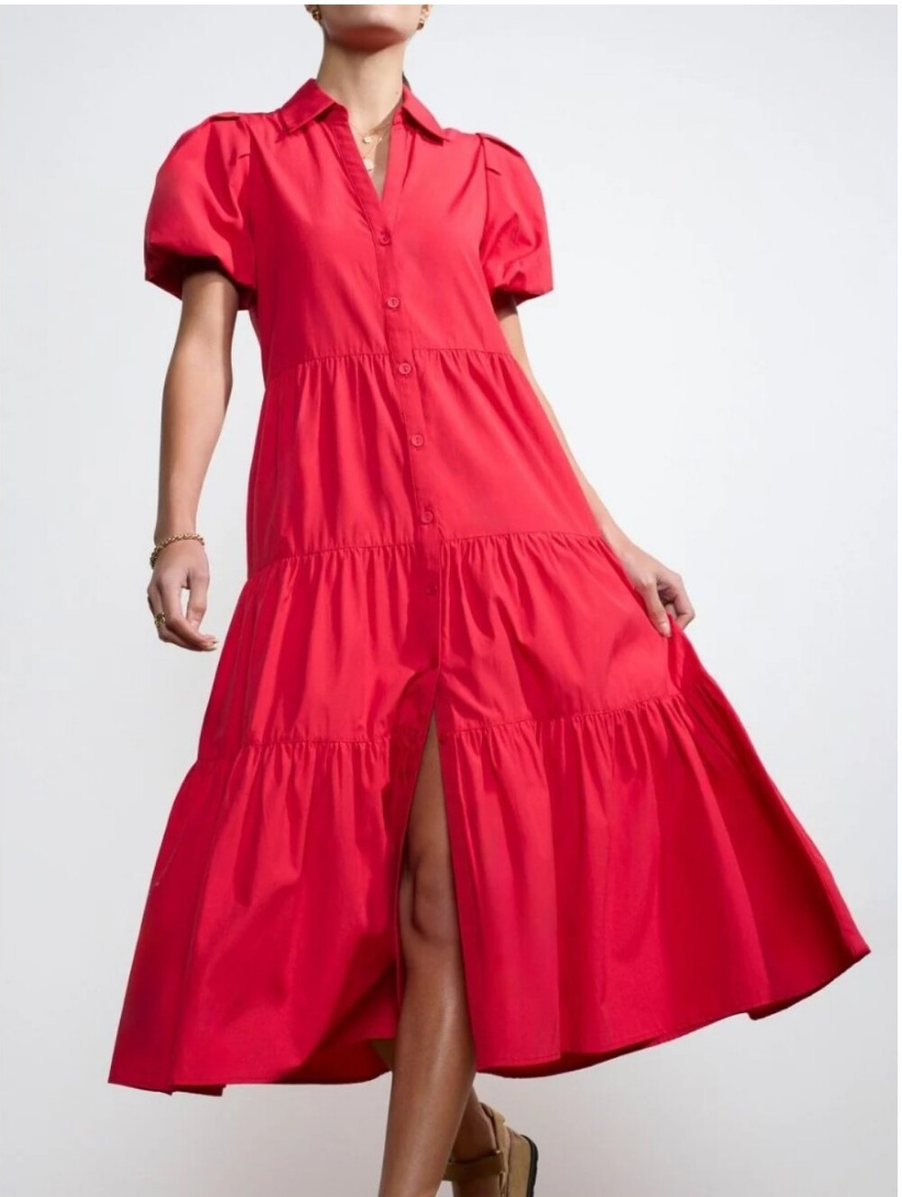 Indigo Rose Tiered Button-Front Coral Dress with Puff Sleeves. SIZE S